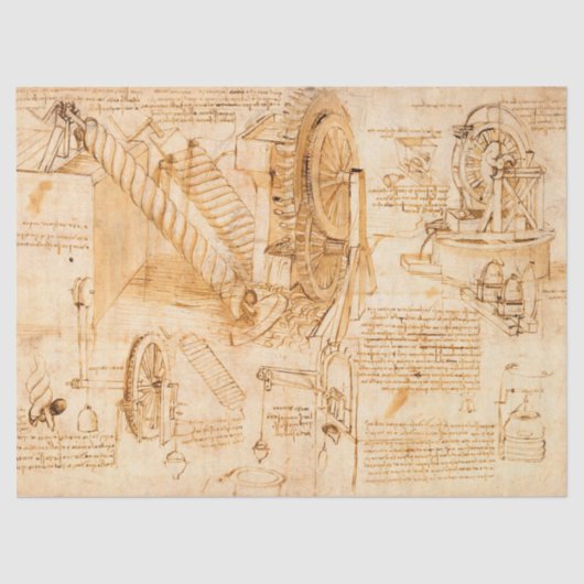 Codex Atlanticus, hydraulische machines van da Vin Tissuepapier (Voorkant)