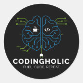 Codingholic Tech Brain Programmeur Donker Ronde Sticker (Voorkant)