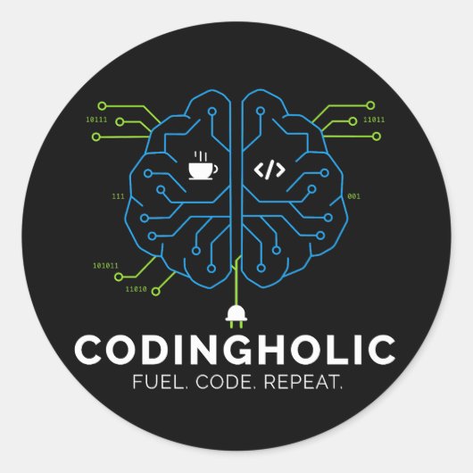 Codingholic Tech Brain Programmeur Donker Ronde Sticker (Voorkant)
