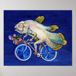 Coelacanth Rijden op een fiets met bloemen Poster