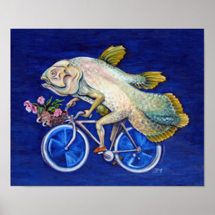 Coelacanth Rijden op een fiets met bloemen Poster