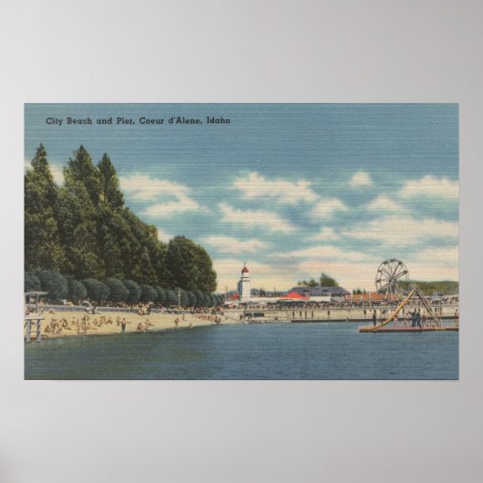 Coeur d'Alene, ID - Uitzicht van City Beach & Pier Poster (Voorkant)