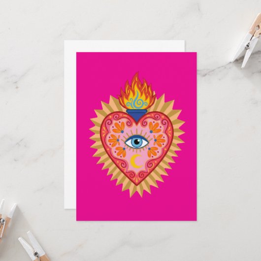 Cœur Sacré Mexicain avec Œil Protecteur et Flamme Kaart (Voorkant / Achterkant in situ)