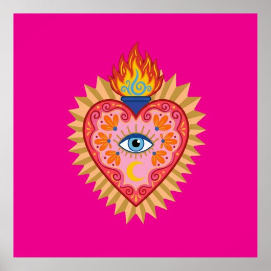 Cœur Sacré Mexicain avec Œil Protecteur et Flamme Poster (Voorkant)