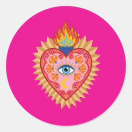 Cœur Sacré Mexicain avec Œil Protecteur et Flamme  Ronde Sticker