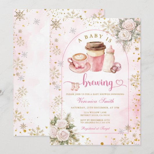 Coffee A Baby is Brewing Pink Bow Baby Shower Gold Kaart (Voorkant / Achterkant)