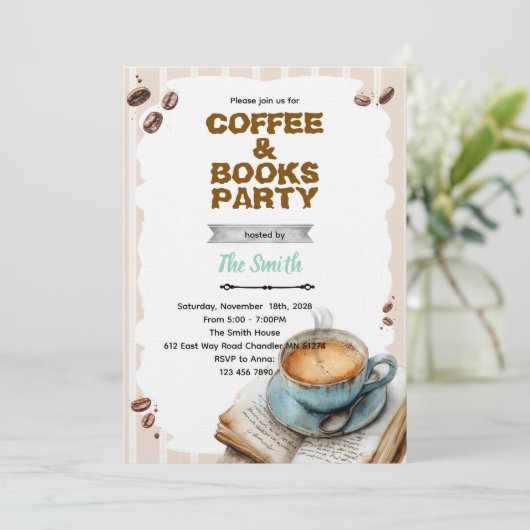 Coffee and book party invitation kaart (Staand voorkant)