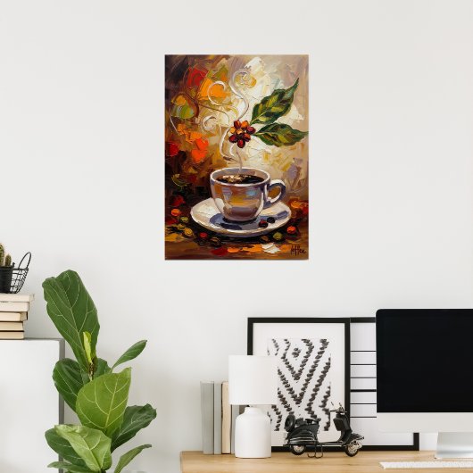 Coffee Art: Steaming Mug & Cherry Branch Poster (Thuiskantoor)