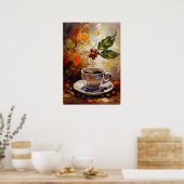 Coffee Art: Steaming Mug & Cherry Branch Poster (Keuken)