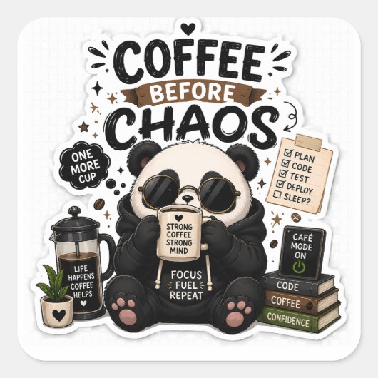 Coffee Before Chaos – Cozy Panda Coffee Sticker (Voorkant)