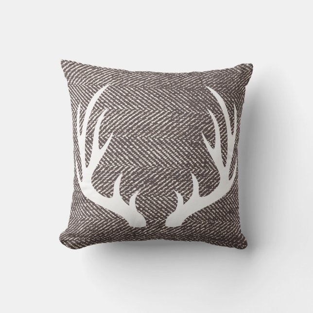 Coffee Brown Herringbone & Deer Antlers Kussen (Voorkant)