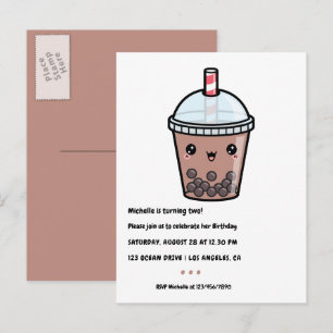 Coffee Brown Kawaii Bubble Tea Birthday Party Briefkaart