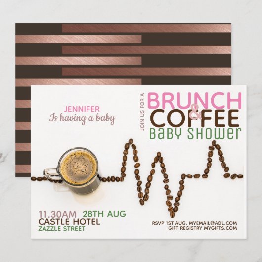 COFFEE Brunch Baby shower Invitation roze Green Kaart (Voorkant / Achterkant)