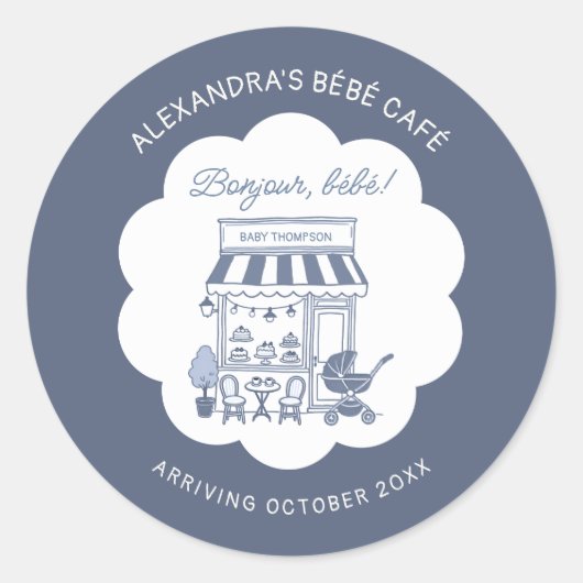 Coffee Brunch Theme Bebe Cafe Blue Baby Shower Ronde Sticker (Voorkant)