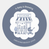 Coffee Brunch Theme Cafe Bébé Blue 2 Baby Shower Ronde Sticker (Voorkant)
