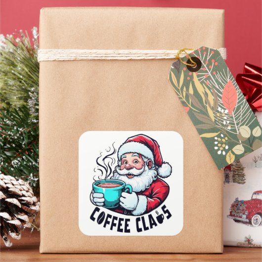Coffee Claus Santa Hot Teal Mug Vierkante Sticker (Feestdagen)