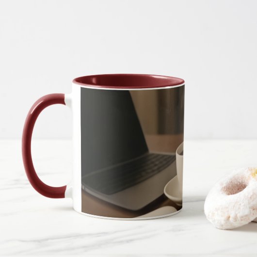 "Coffee & Clicks Mok – Stoom, Winkelen en Schoot (Met donut)