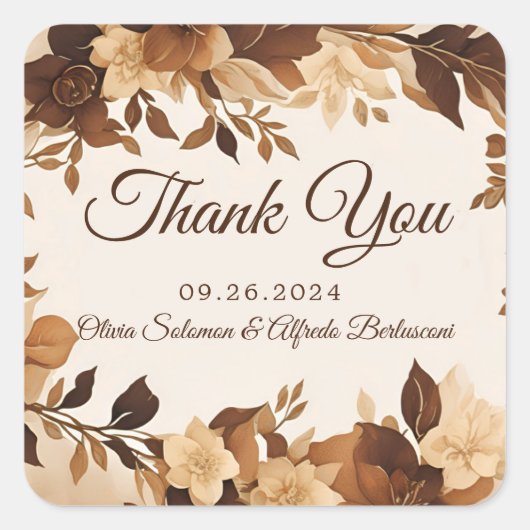 Coffee & Cream Autumn Floral Theme Weddenschap Vierkante Sticker (Voorkant)