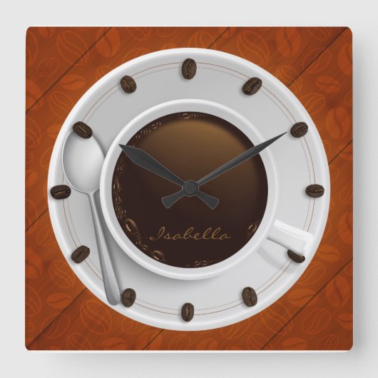 Coffee Cup & Coffee Beans Monogrammed Wall Clock Vierkante Klok (Voorkant)