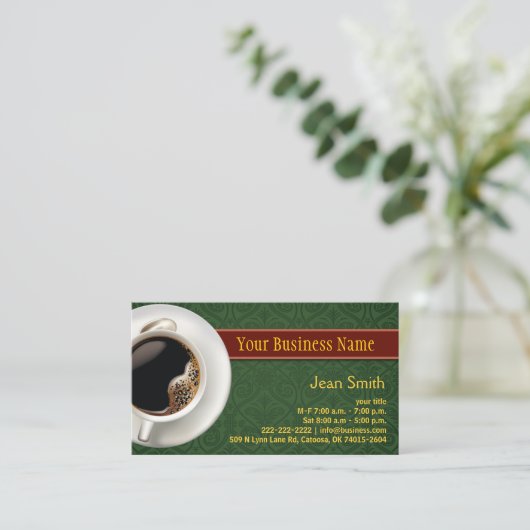 Coffee Cup Damask Green Visitekaartje (Staand voorkant)