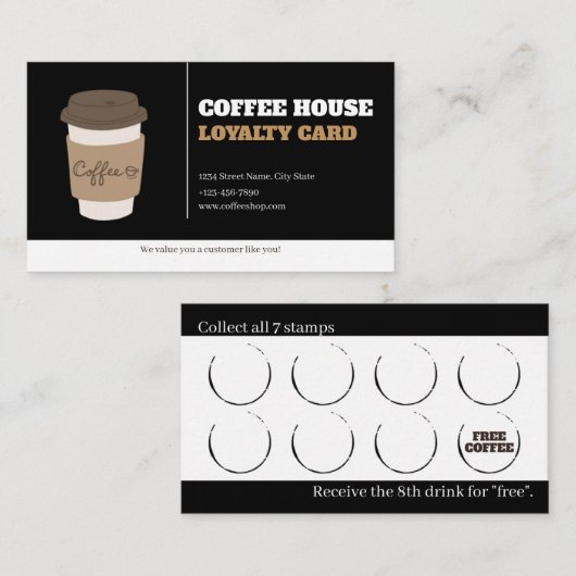 Coffee Cups Black White Cafe Customer Loyalty Card (Voorkant / Achterkant)