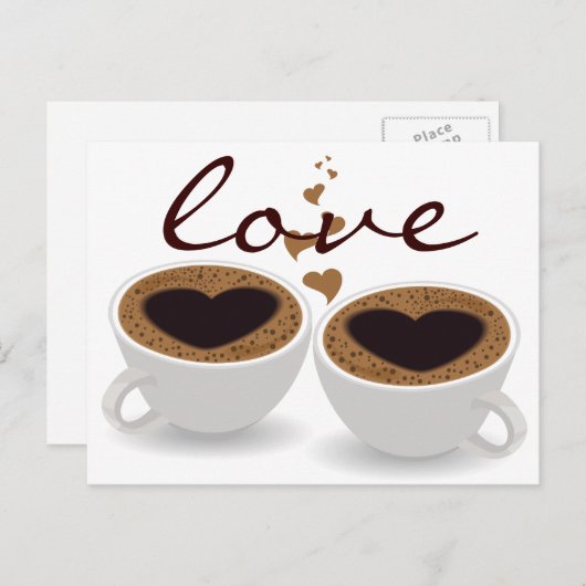 Coffee Cups Couple in Love with Hearts Briefkaart (Voorkant / Achterkant)