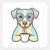 Coffee Dog with Glasses – Cute Whimsical Illustrat Vierkante Sticker (Voorkant)