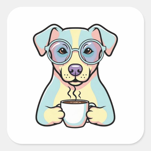 Coffee Dog with Glasses – Cute Whimsical Illustrat Vierkante Sticker (Voorkant)