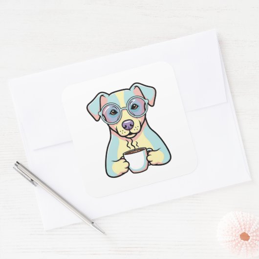 Coffee Dog with Glasses – Cute Whimsical Illustrat Vierkante Sticker (Envelop)