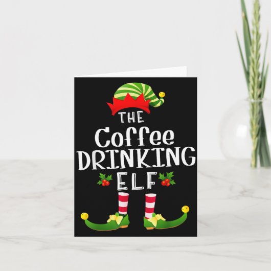 Coffee Drinking Christmas Elf Matching Pajama X-ma Kaart (Voorkant)