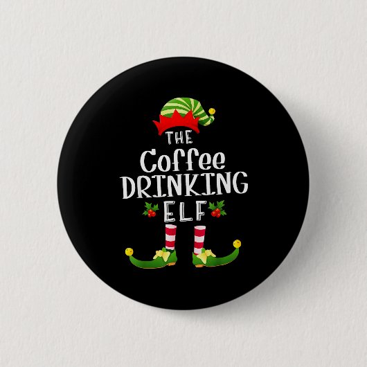 Coffee Drinking Christmas Elf Matching Pajama X-ma Ronde Button 5,7 Cm (Voorkant)