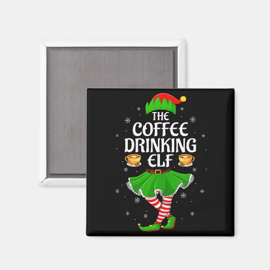 Coffee Drinking Elf Christmas Girls Women Elf Squa Magneet (Voorkant / Achterkant)