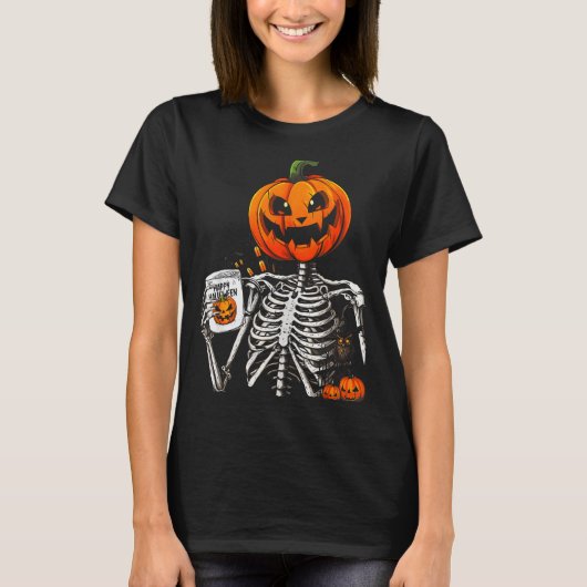 Coffee Drinking Skeleton Pumpkin Halloween Costume T-shirt (Voorkant)