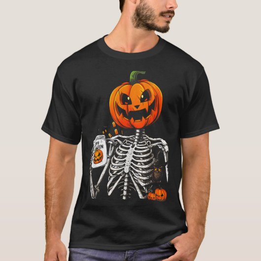 Coffee Drinking Skeleton Pumpkin Halloween Costume T-shirt (Voorkant)