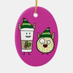 Coffee Elf en Crazy Donut Elf Keramisch Ornament