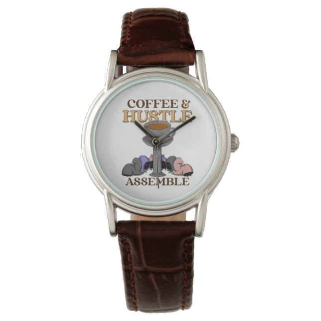 Coffee en Hustle Assemble Funny Illustration Horloge (Voorkant)