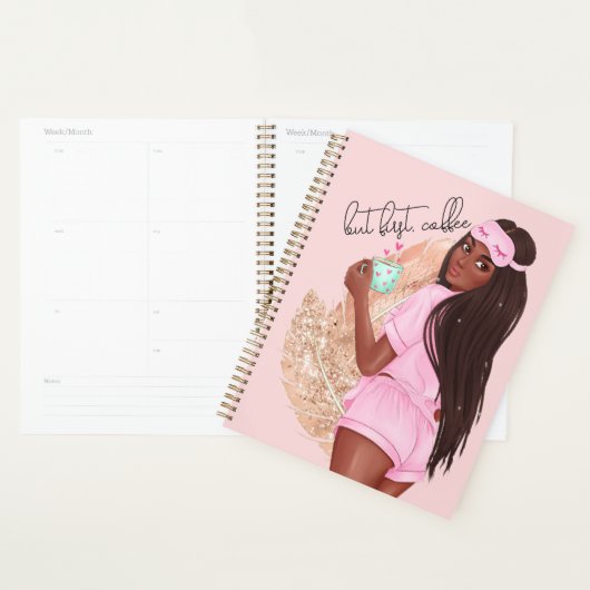 Coffee Faux Glitter Girl Hair Roos Gold Pink Planner (Display)