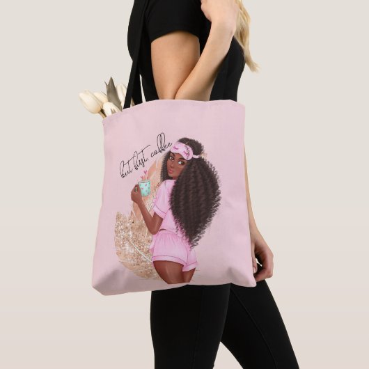 Coffee Faux Glitter Girl Hair Roos Roze Tote Bag (Dichtbij)