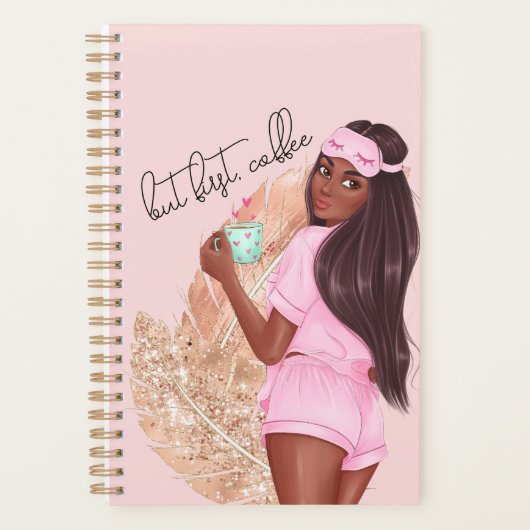 Coffee Faux Glitter Girl Red Hair Brown roze Planner (Voorkant)