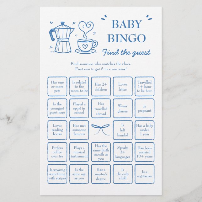 Coffee Find the Guest Baby Bingo Game (Voorkant)