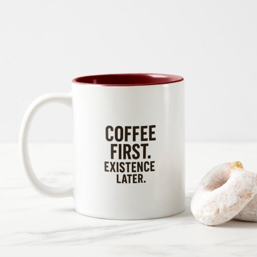 Coffee First Existence Later Mug – Caffeine Bursts Tweekleurige Koffiemok (Met donut)