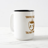 "COFFEE FIRST, THE REST WAITS" - Cartoon Coffee Tweekleurige Koffiemok (Voorkant links)