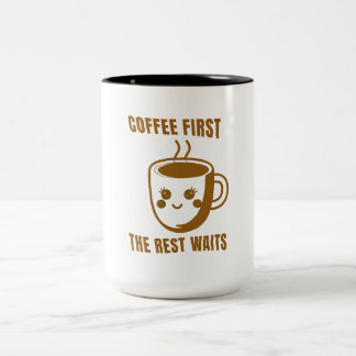 "COFFEE FIRST, THE REST WAITS" - Cartoon Coffee Tweekleurige Koffiemok