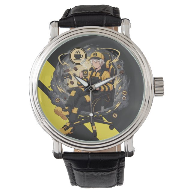 Coffee Gamer Anime Boy Yellow Aesthetic Art Horloge (Voorkant)