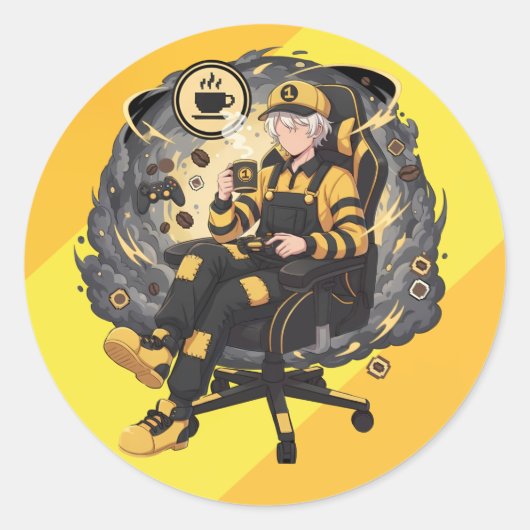 Coffee Gamer Anime Boy Yellow Aesthetic Art Ronde Sticker (Voorkant)