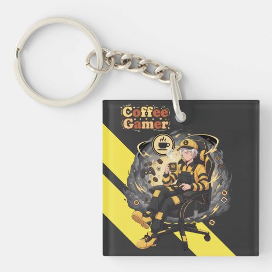 Coffee Gamer Anime Boy Yellow Aesthetic Art Sleutelhanger (voorkant)
