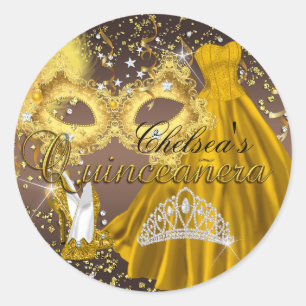 Coffee & Gouden Masker Masquerade Quinceanera Stic Ronde Sticker