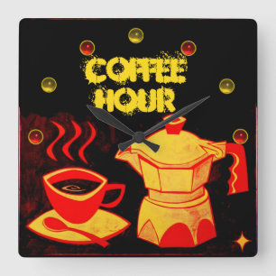 COFFEE HOUR /Red Yellow Coffee cup and kluis Vierkante Klok