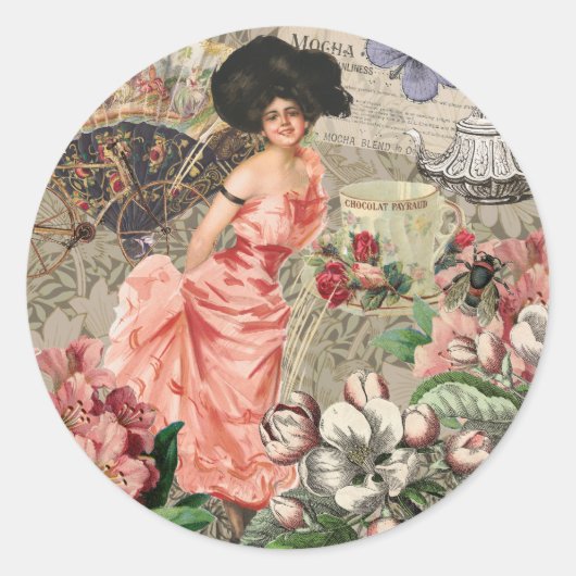 Coffee Lady Victoriaans Vrouw Roze Classy Ronde Sticker (Voorkant)