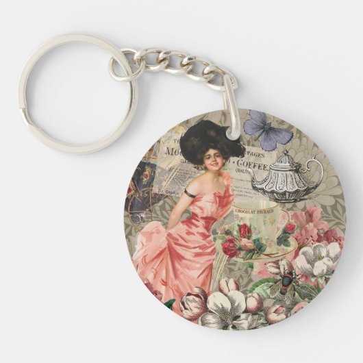 Coffee Lady Victoriaans Vrouw Roze Classy Sleutelhanger (Voorkant)